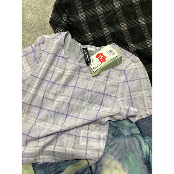 Womens Juniors 3 Mesh Crop Tops Designs Plaid Purple Black Blue Size XS - Picture 2 of 4